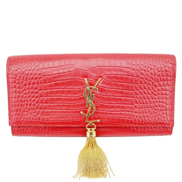 Yves Saint Laurent  Kate Tassel Crocodile Embossed Leather Wallet Red - Picture 1 of 12